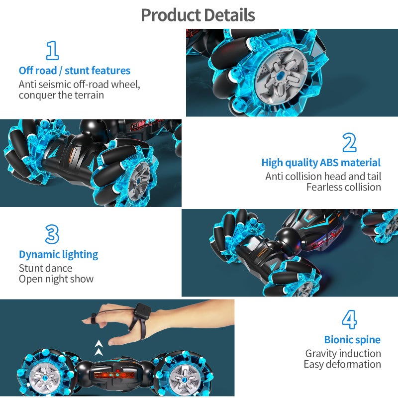Deejoy 1:12 Gesture Sensing RC Stunt Car, 2.4GHz 4WD Hand Controlled Remote Control Car for Boys 8-12, Double Sided Rotating Off Road Vehicle 360Â° Flips with Lights Music for Birthday - Image 3