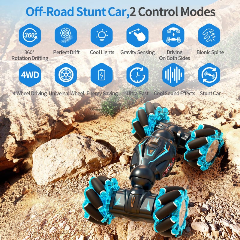 Deejoy 1:12 Gesture Sensing RC Stunt Car, 2.4GHz 4WD Hand Controlled Remote Control Car for Boys 8-12, Double Sided Rotating Off Road Vehicle 360Â° Flips with Lights Music for Birthday - Image 5
