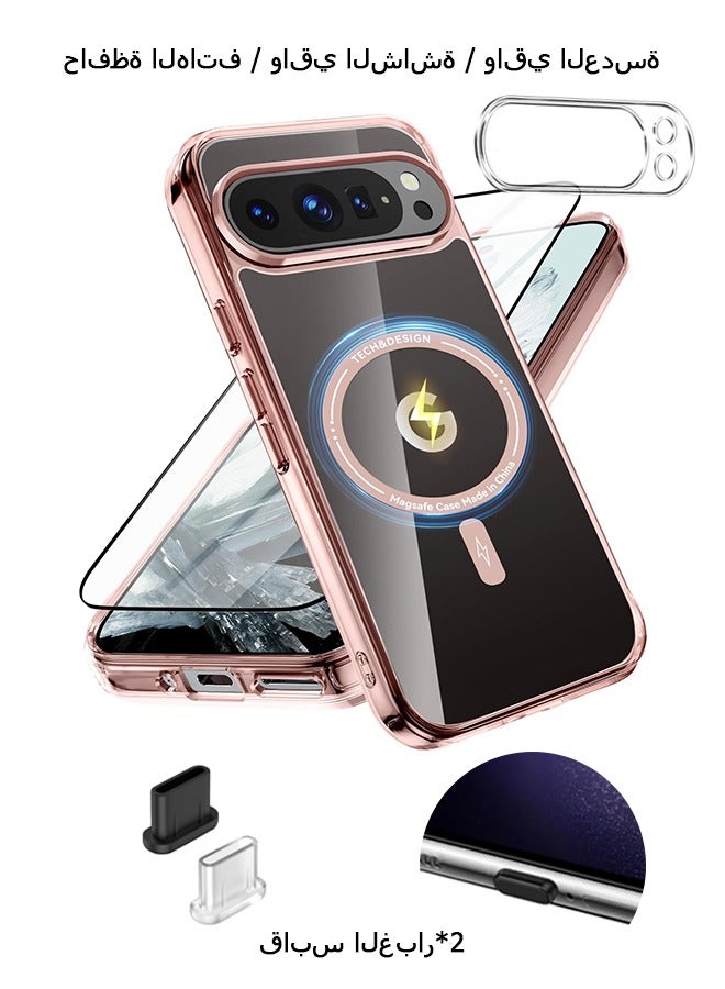 Wffo 7-in-1 - Compatible with Google Pixel 9 Pro XL Cases [Colorful Frame][Compatible with MagSafe][Hard Clear Back] - Screen Protector / Camera Lens Protector / Dust Plug - TPU Drop Protection - Full Body Protection Shock Case - Pink - Image 1