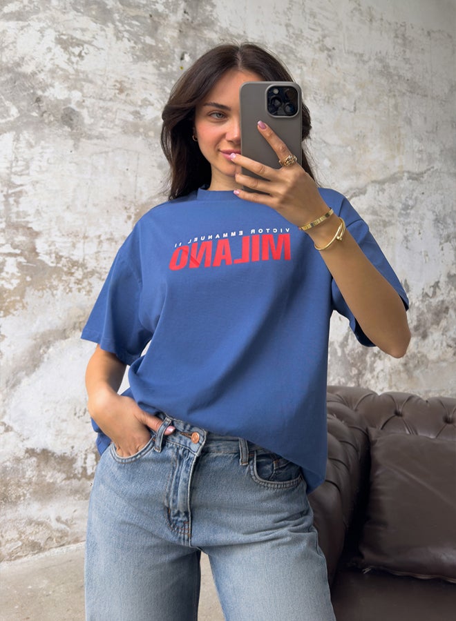 trendyol Indigo Front Back Printed Oversize/Wide Pattern Crew Neck Knitted T-Shirt - Image 1