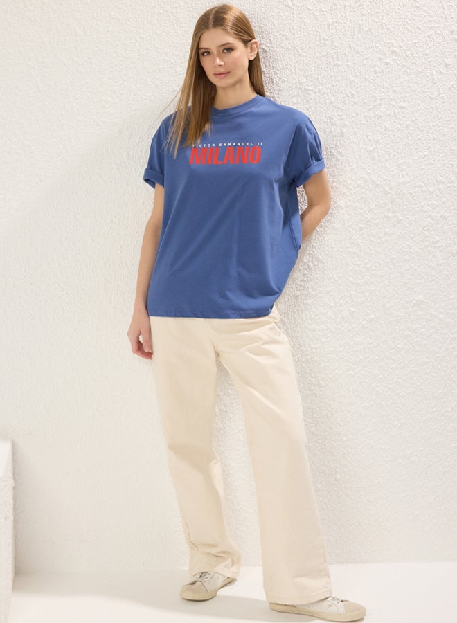 trendyol Indigo Front Back Printed Oversize/Wide Pattern Crew Neck Knitted T-Shirt - Image 4