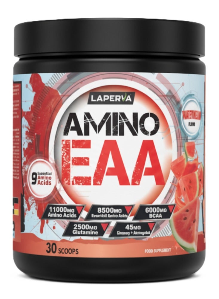 Laperva Amino EAA, Watermelon Flavor, 11,000 mg Amino Acids, High BCAA, Glutamine & Ginseng – 30 Servings