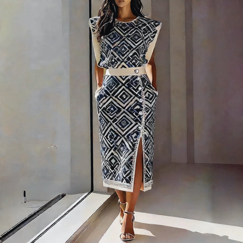 Women's Printed Sleeveless Top and Split Skirt Two-Piece Set - Image 2