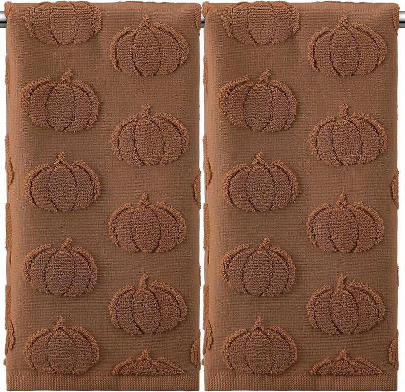 Mindsoft 2 Pcs 3D Brown Pumpkin Jacquard Fall Hand Towels for Bathroom Pumpkin Towels Thanksgiving 100% Cotton Soft Absorbent Decorative Weave Bathroom Decor Gift, 13.7 x 29.5 Inch - Image 1