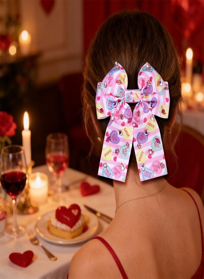 BVGA Valentines Hair Bow Clips Pink Jeweled Crystal Conversation Candy Heart Velvet Bow Hair Clip Barrettes Valentines Hair Accessories Gifts for Her (Candy Heart 3) - Image 2