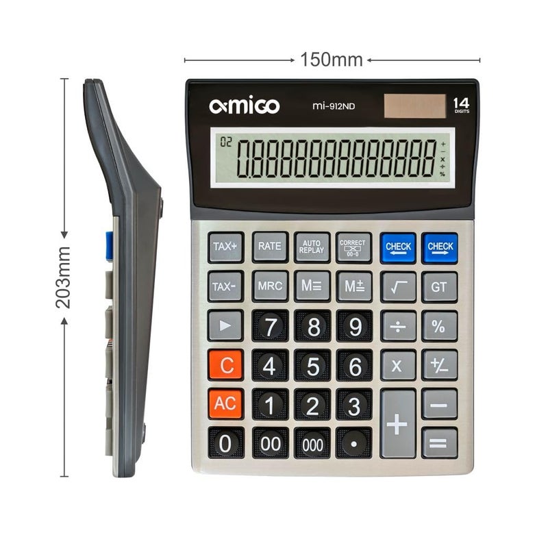 Amigo MI-912ND Desktop Calculator, 14-Digit Display, Large LCD Screen, Dual Power - Image 3