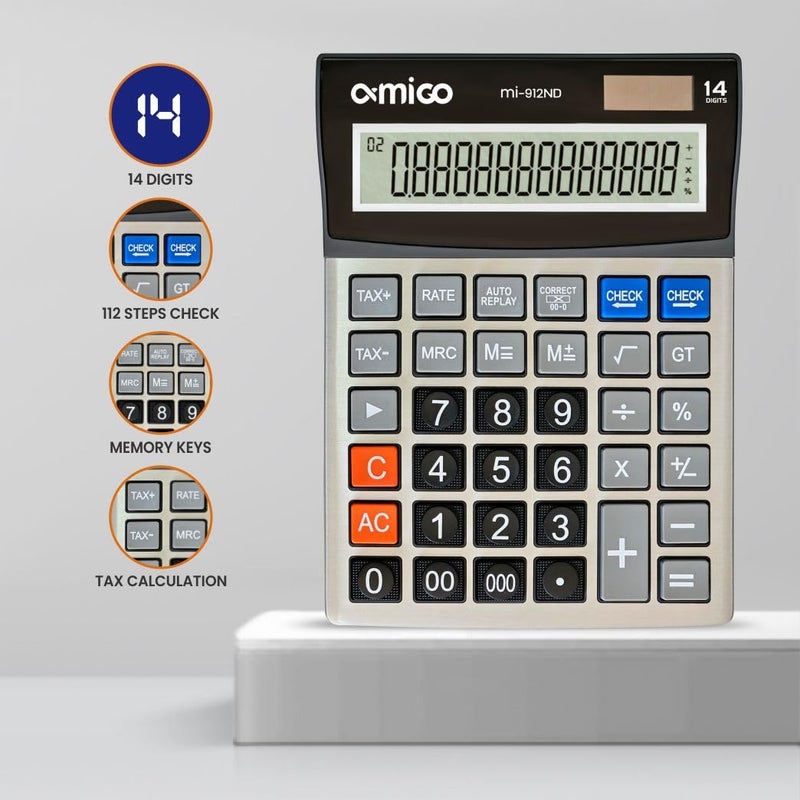 Amigo MI-912ND Desktop Calculator, 14-Digit Display, Large LCD Screen, Dual Power - Image 2