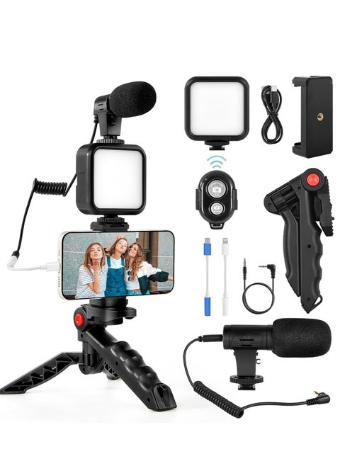 Vlog Kit for iPhone and Android (with Tripod), with Mini LED Video Light + Cardioid Microphone + Phone Clip + Tripod Stand for Live Streaming, Video Calling, Vlogging, YouTube