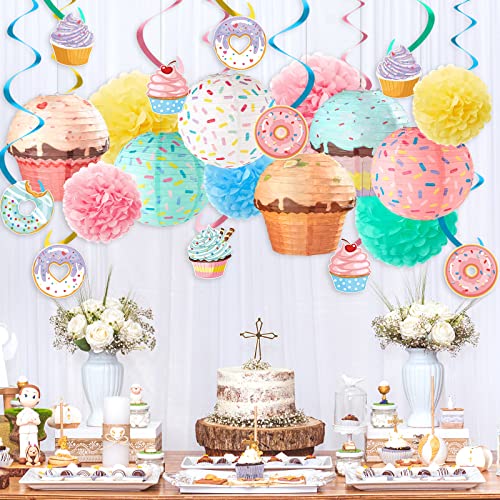 Hortsun 36 Pcs Halloween Donut Cupcake Party Hanging Paper Lanterns Two Sweet Birthday Supplies Hanging Swirls Paper Flowers Pom Poms Party Decor for Kids Girls Birthday Baby Shower Candy Supplies - Image 5