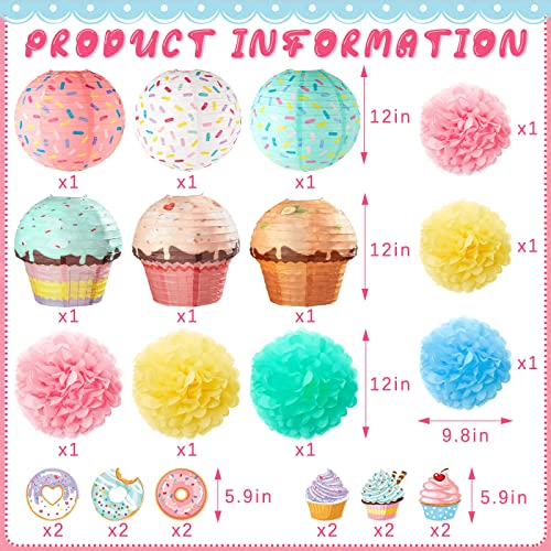 Hortsun 36 Pcs Halloween Donut Cupcake Party Hanging Paper Lanterns Two Sweet Birthday Supplies Hanging Swirls Paper Flowers Pom Poms Party Decor for Kids Girls Birthday Baby Shower Candy Supplies - Image 2