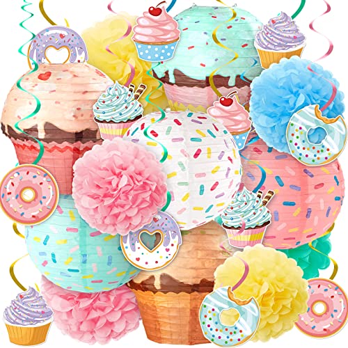 Hortsun 36 Pcs Halloween Donut Cupcake Party Hanging Paper Lanterns Two Sweet Birthday Supplies Hanging Swirls Paper Flowers Pom Poms Party Decor for Kids Girls Birthday Baby Shower Candy Supplies - Image 1