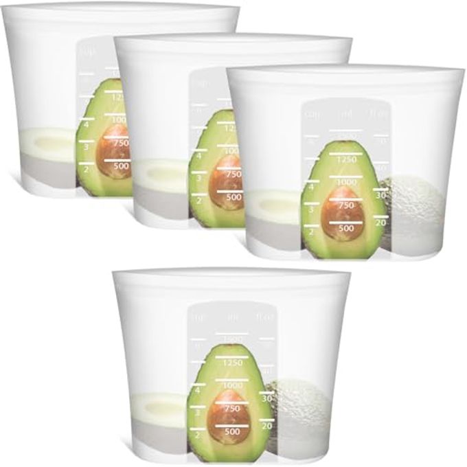 Annaklin Large Reusable Food Bags 4 Pack, 1.5 Quart(50.7fl.oz) 100% Silicone Storage Bags Stand Up Zip Silicone Food Container, Freezer Microwave Oven Dishwasher Safe, Translucent