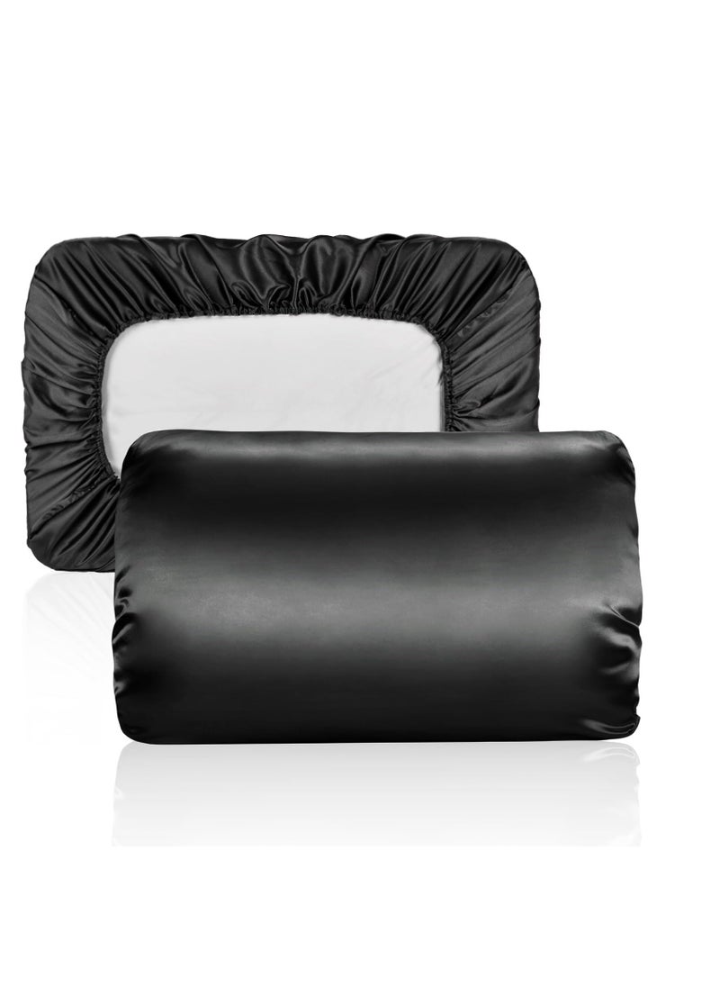 SYOSI - Silky Satin Pillowcase Hair Skin Care Travel Friendly Satin Pillow Case Cover Cooling Elastic Band Standard Queen Size Pillow Cover Black - Image 1