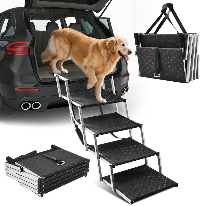 Sakerplus Dog Ramps for Car, 17.7inch Wide Foldable Dog Stairs with Non Slip Surface, Portable Pet Steps for SUV, High Beds, Truck, Support Up to 200lb, 5 Steps - Image 1