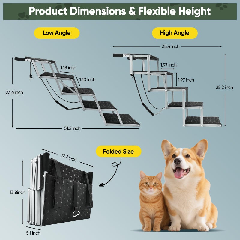Sakerplus Dog Ramps for Car, 17.7inch Wide Foldable Dog Stairs with Non Slip Surface, Portable Pet Steps for SUV, High Beds, Truck, Support Up to 200lb, 5 Steps - Image 2