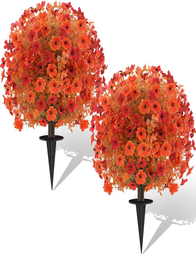 PASARA 2 Pack Fall Artificial Topiary Bushes - 23" Boxwood Ball Trees with Mums, UV Resistant Faux Plants with Ground Spike for Outdoor, Fake Shrubs for Garden Porch Patio Autumn Thanksgiving Decor - Image 1