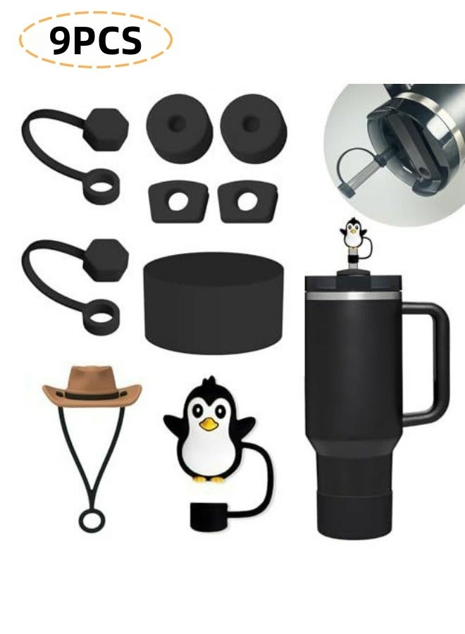 9PCS Stanley Cup Accessories Set Black 6 Pcs Silicone Spill Proof Stopper 2 Pcs Straw Cover Cap 1 Pcs Silicone Boot For 9-10 mm Straws Stanley 40oz and 30oz Tumbler Black - Image 1
