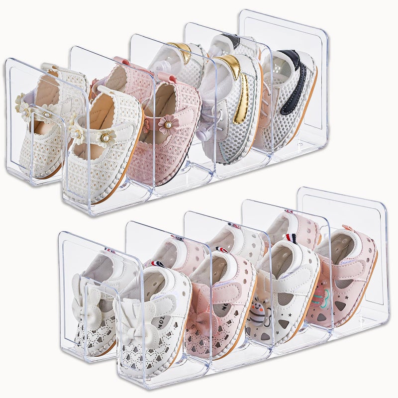 UFORU Clear Acrylic Kids Shoe Rack for Closet Organizers and Storage | 2 Pack Small Shoe Rack 4 Sections Toddler Baby Shoe Storage Organizer Stackable Shoe Shelf, Desk File Sorter Book Purse Organizer - Image 1
