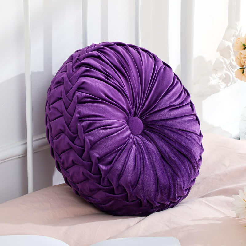 Drydiet 1 Pcs Round Throw Pillows Decorative Velvet Pleated Throw Pillows 15'' Diameter Accent Pumpkin Boho Chair Cushion for Couch Sofa Chair Bed Home Decoration (Purple) - Image 1
