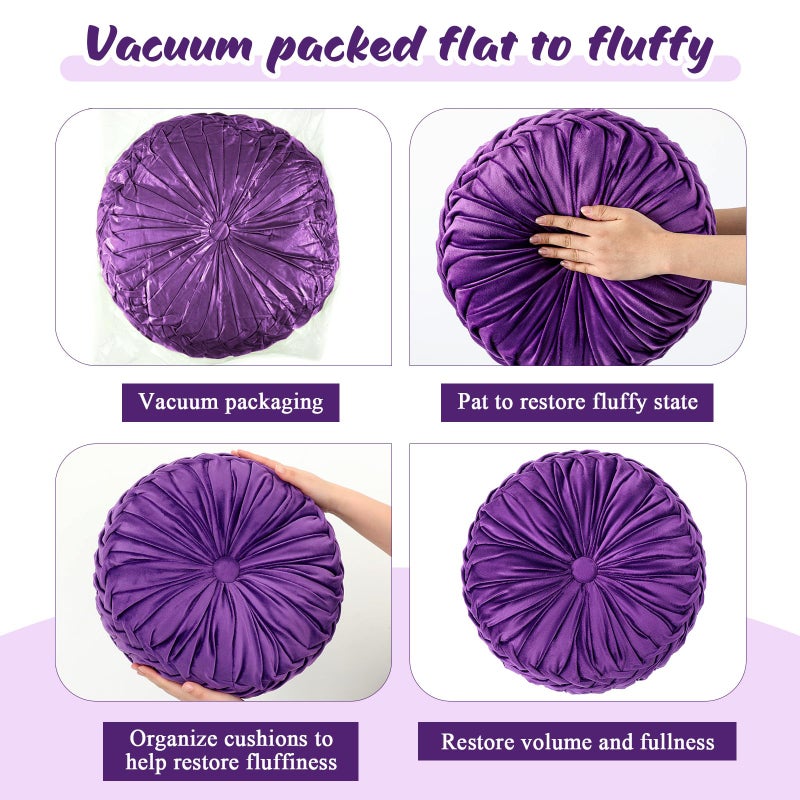 Drydiet 1 Pcs Round Throw Pillows Decorative Velvet Pleated Throw Pillows 15'' Diameter Accent Pumpkin Boho Chair Cushion for Couch Sofa Chair Bed Home Decoration (Purple) - Image 4