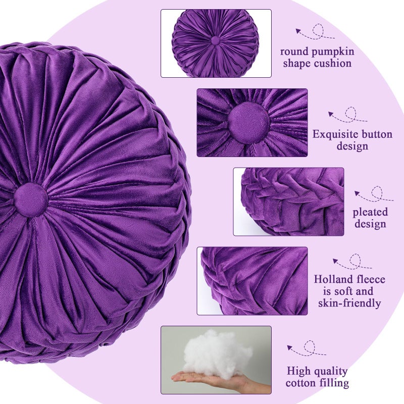 Drydiet 1 Pcs Round Throw Pillows Decorative Velvet Pleated Throw Pillows 15'' Diameter Accent Pumpkin Boho Chair Cushion for Couch Sofa Chair Bed Home Decoration (Purple) - Image 3