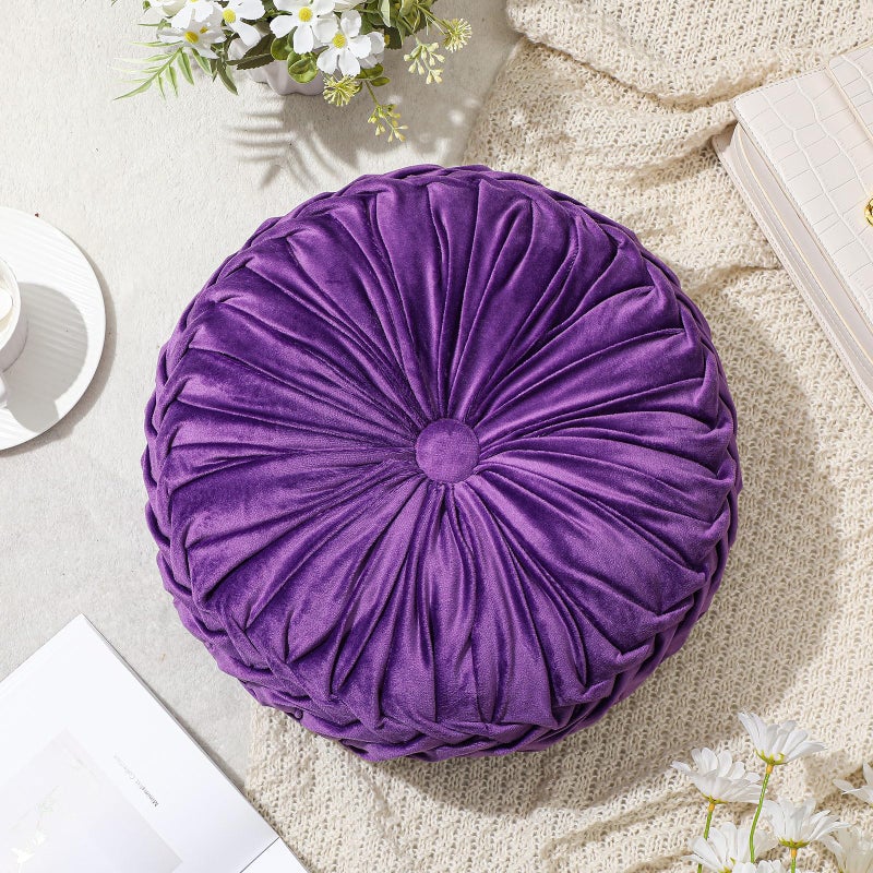 Drydiet 1 Pcs Round Throw Pillows Decorative Velvet Pleated Throw Pillows 15'' Diameter Accent Pumpkin Boho Chair Cushion for Couch Sofa Chair Bed Home Decoration (Purple) - Image 5