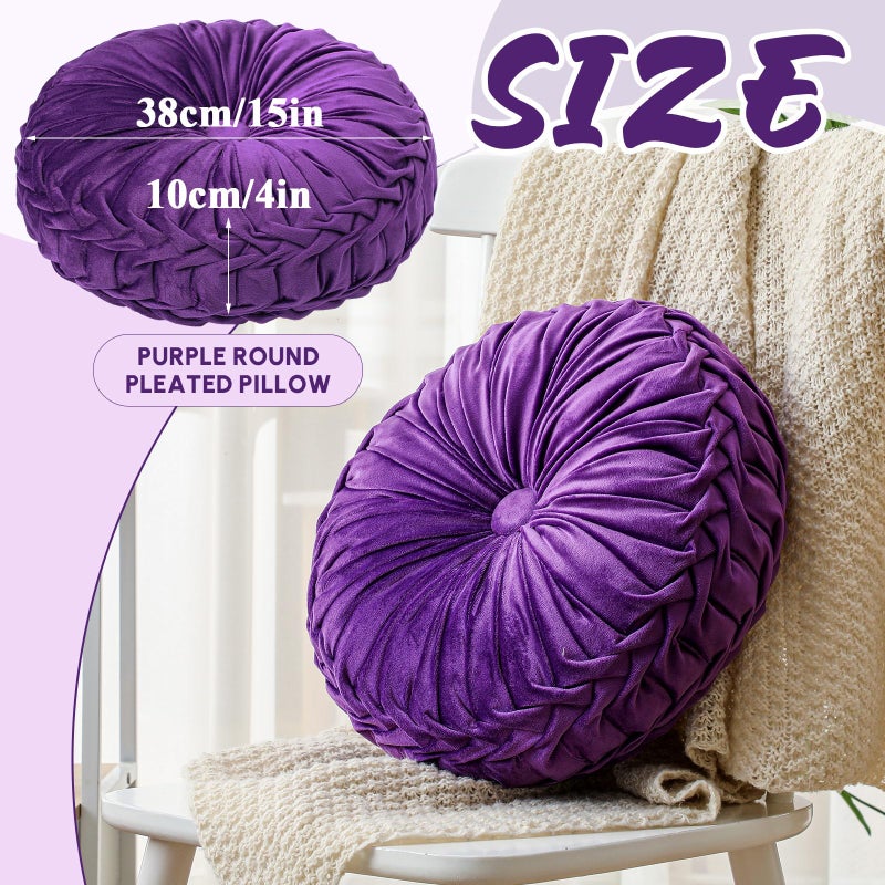 Drydiet 1 Pcs Round Throw Pillows Decorative Velvet Pleated Throw Pillows 15'' Diameter Accent Pumpkin Boho Chair Cushion for Couch Sofa Chair Bed Home Decoration (Purple) - Image 2
