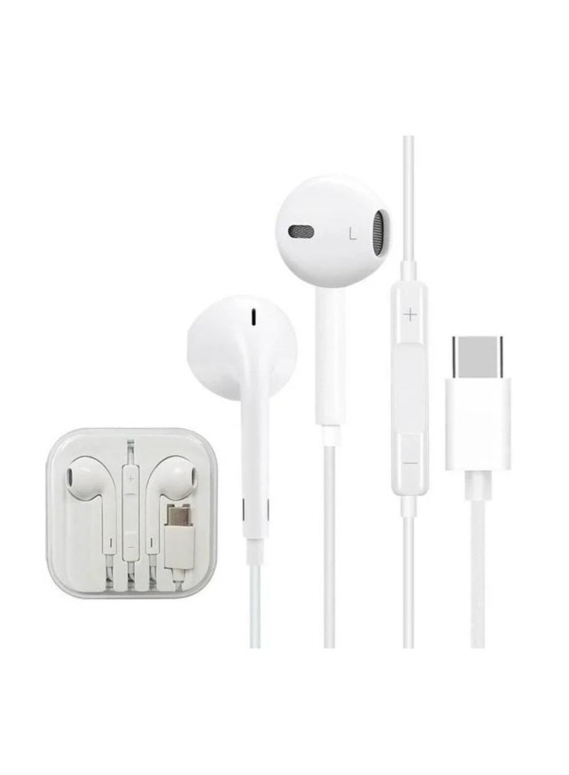 Wired Type-C Earphones, 1 Meter Long, White Color - Image 1