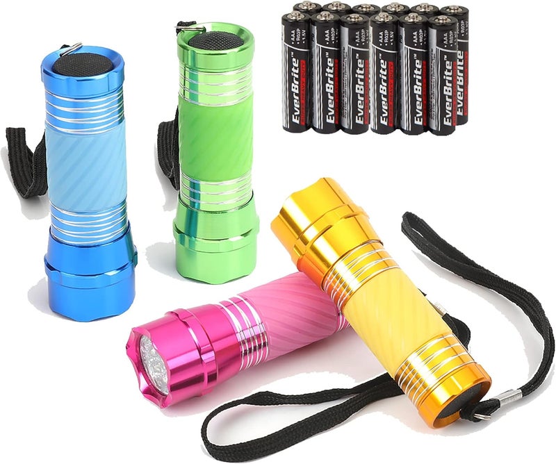EverBrite 4-Pack Mini LED Aluminum Flashlight Party Favors Colors Assorted for Hurricane Supplies with Handle Glow in Dark - Image 1