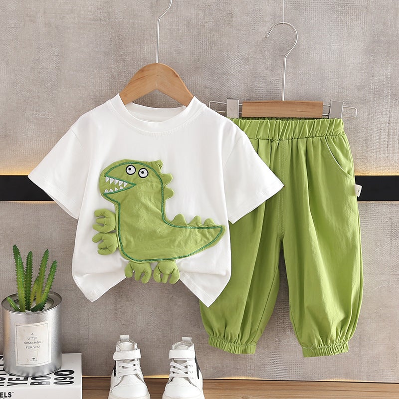 Cross-border childrens clothing summer new boys baby baby childrens suit cartoon casual short sleeve suit two-piece fashion White 