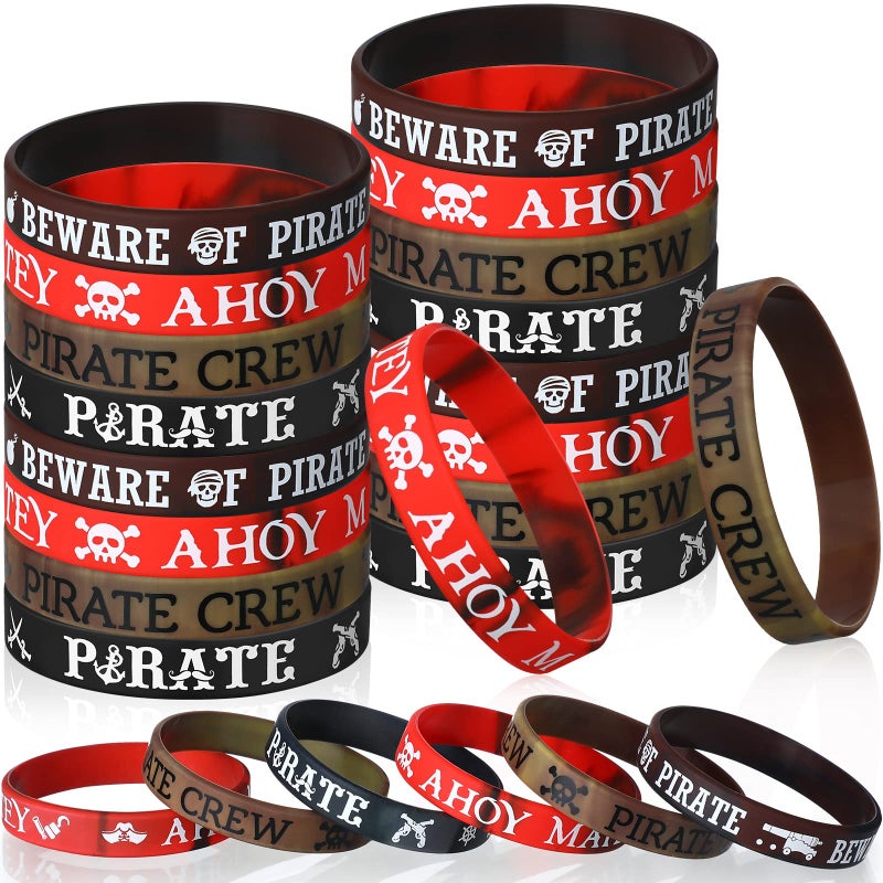 Capoda 24 Pieces Pirate Silicone Bracelets Ahoy Matey Caribbean Rubber Wristbands Skull Pirate Ship Party Favors for Girls Boys Birthday Decorations Halloween Party Supplies - Image 1