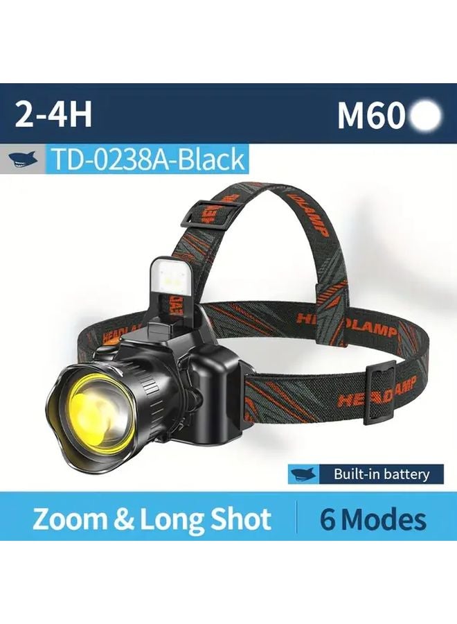TD 0238A Black Smiling Shark LED Headlamp 6 Modes Zoomable 90 Degree Rechargeable USB Light - Image 1