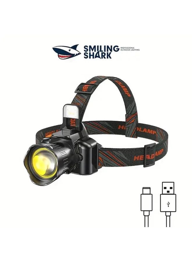 TD 0238A Black Smiling Shark LED Headlamp 6 Modes Zoomable 90 Degree Rechargeable USB Light - Image 2