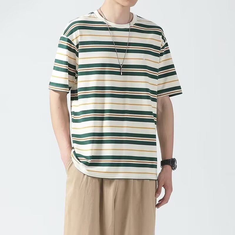 Trendy Youth Japanese Street Style Striped Embroidered Short-Sleeve T-Shirt For Men, Summer Ins Loose New Versatile Casual Tee - Image 1