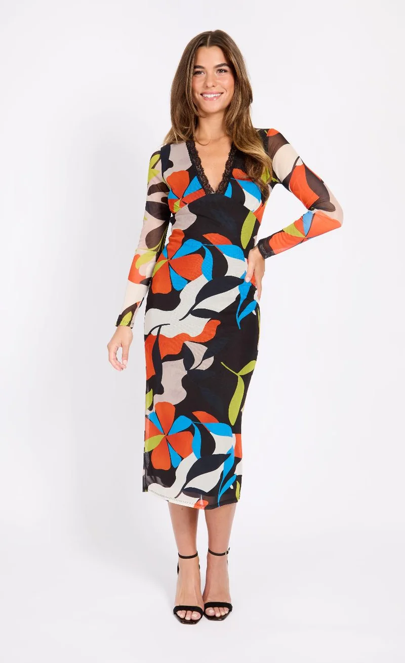 Printed Mesh Midaxi Dress