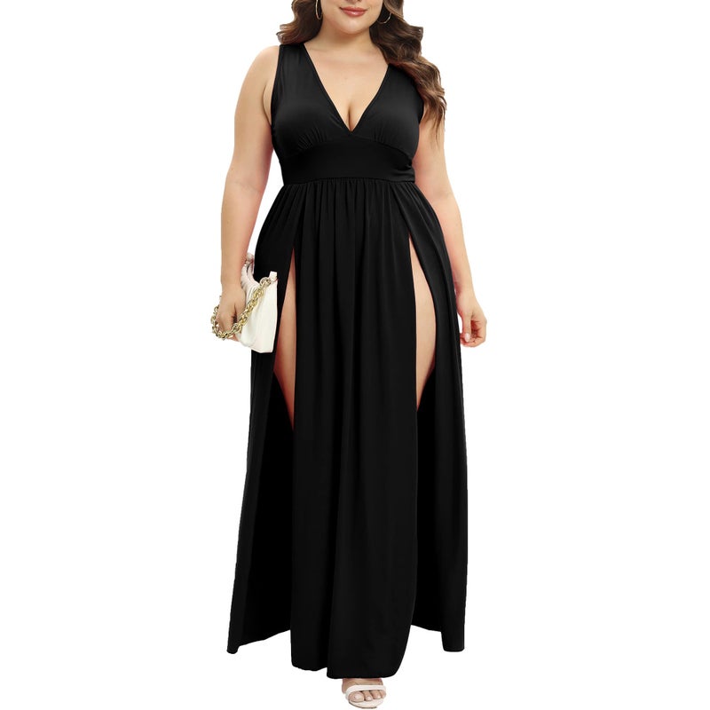 SILUI Women's Summer Western Sexy Double High Slit Deep V Neck Plus Size Sundresses Thigh Split Maxi Club Party Dresses - Image 2