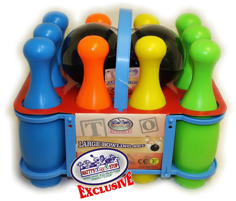 Mattys Toy Stop 10 Pin MultiColor Deluxe Plastic Bowling Set for Kids with Storage Rack 12 Pieces Total 10 Pins 2 Bowling Balls