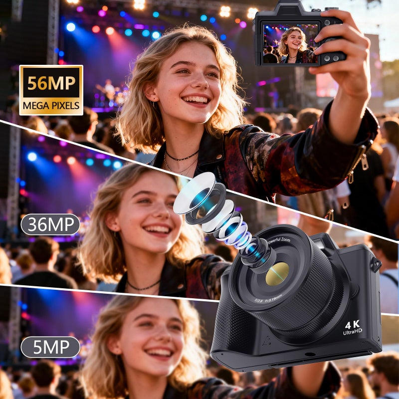 Kasukani 4K Digital Camera for Photography & Vlogging, 56MP Point and Shoot Digital Cameras with 180Â° Flip Screen, 16X Zoom Compact Travel Camera, Portable CÃ¡mara for Adults & Beginners with 32GB SD Card - Image 2