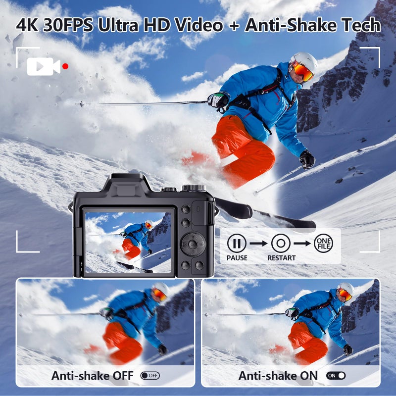 Kasukani 4K Digital Camera for Photography & Vlogging, 56MP Point and Shoot Digital Cameras with 180Â° Flip Screen, 16X Zoom Compact Travel Camera, Portable CÃ¡mara for Adults & Beginners with 32GB SD Card - Image 3