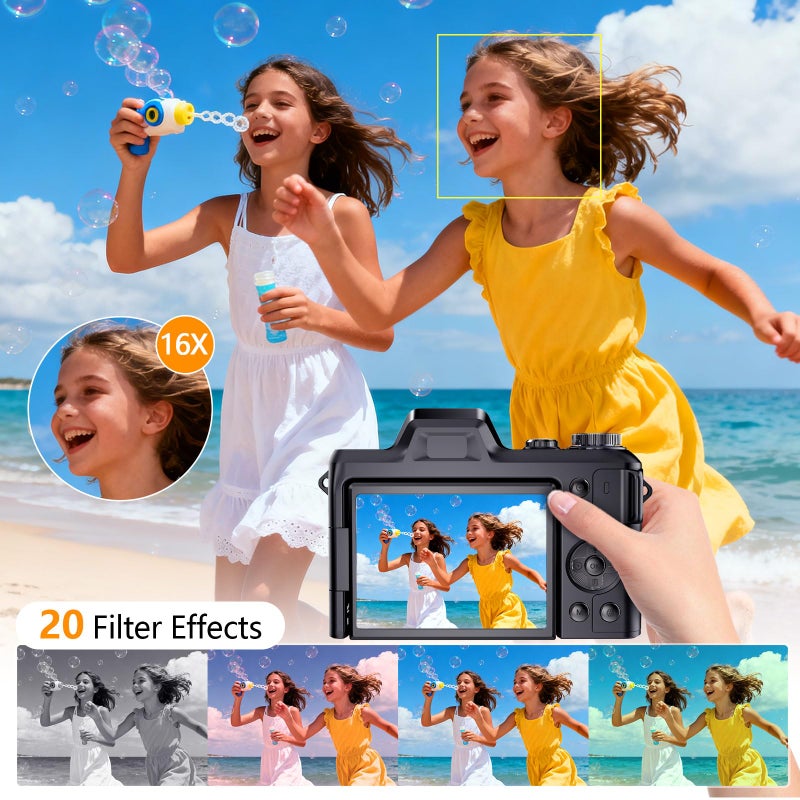 Kasukani 4K Digital Camera for Photography & Vlogging, 56MP Point and Shoot Digital Cameras with 180Â° Flip Screen, 16X Zoom Compact Travel Camera, Portable CÃ¡mara for Adults & Beginners with 32GB SD Card - Image 4