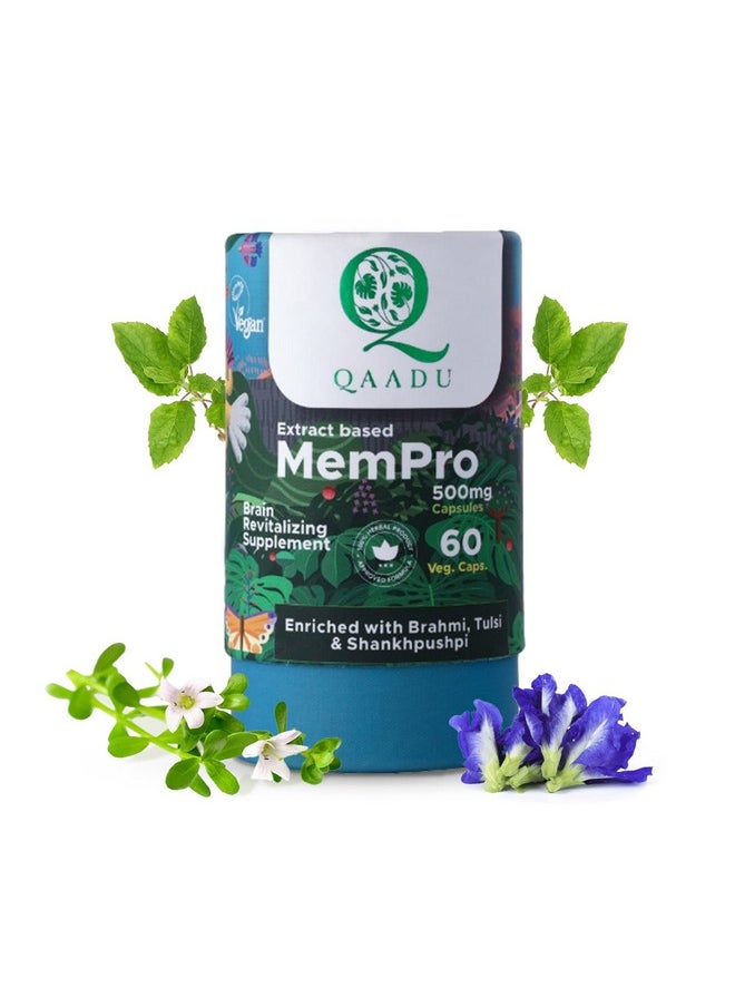 QAADU Mempro Capsule | 60 Capsules, Brain Booster, Memory Booster For Adults | With Brahmi, Tulsi, Shankhpushpi | Safe, Booster, Ayurvedic Supplement For Better Sleep | 500 Mg  - Image 1