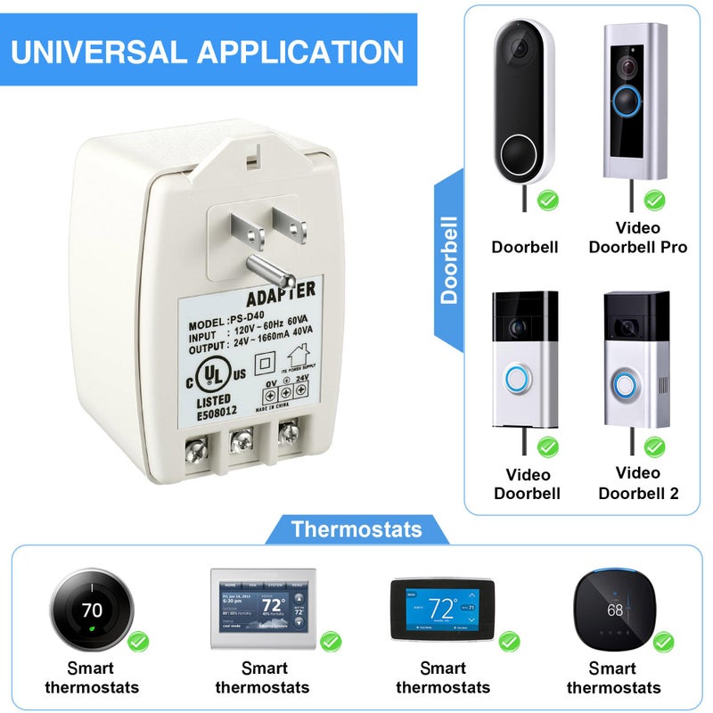 Hotop 2 Pack 24 Volt Transformer, 40 VA AC Transformer Plug in with PTC Fuse Compatible with Ring Doorbell and Thermostat, Compatible with Nest, Ecobee, Sensi/Honeywell/24V Adapter - Image 2