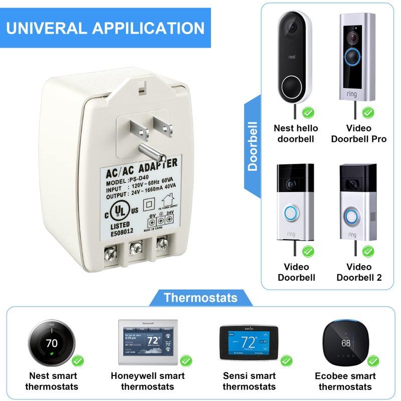 Hotop 2 Pack 24 Volt Transformer, 40 VA AC Transformer Plug in with PTC Fuse Compatible with Ring Doorbell and Thermostat, Compatible with Nest, Ecobee, Sensi/Honeywell/24V Adapter - Image 3