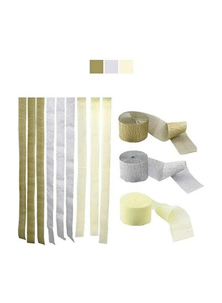 Party Time 3 Rolls Crepe Paper Streamers Backdrop, 3 Colors, for Various Christmas Party Wedding, Proposal, Bridal Shower Festival Birthday Party Decorations (Gold, Silver and White)