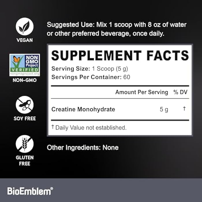 BioEmblem Creatine Monohydrate Powder - Unflavored Micronized Creatine Easily Mixes - Muscle Strength, Workout Recovery, Exercise Performance - 300g Creatine Supplement - Non-GMO, Vegan - Image 5
