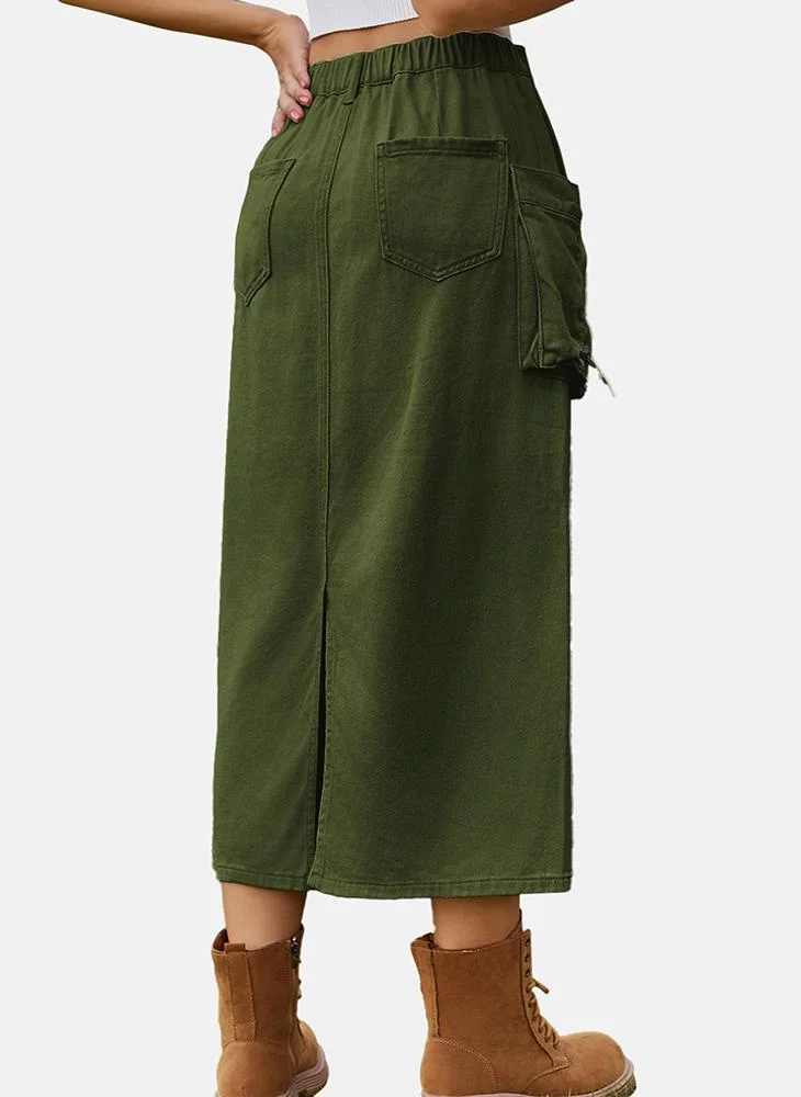 يونيكي Green Mid Rise Plain Midi Skirt