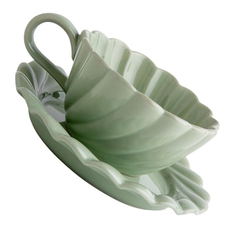 Early Spring Green Ceramic Coffee Mug Set with Handle Saucer Floral Edge Design - Image 2