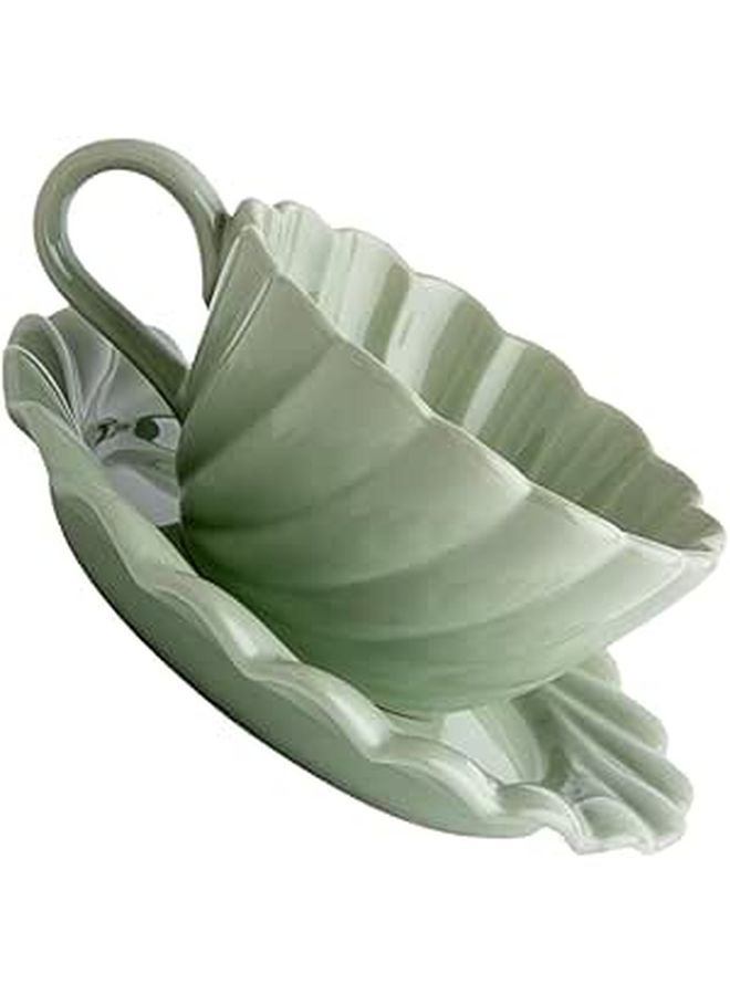 Early Spring Green Ceramic Coffee Mug Set with Handle Saucer Floral Edge Design - Image 1