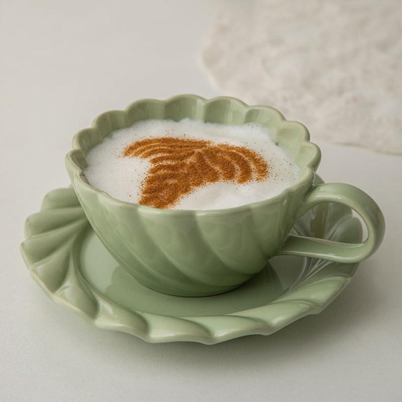 Early Spring Green Ceramic Coffee Mug Set with Handle Saucer Floral Edge Design - Image 5