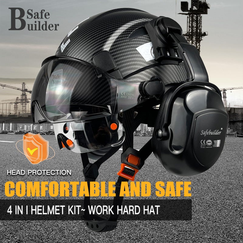 Safebuilder خوذة سلامة البناء مع أقنعة واضحة وملون غطاء للأذنين حماية السمع العمل الصناعي قبعة صلبة للمهندس (01-خوذة سوداء غير لامعة مع قناع واضح وملون و B07 غطاء للأذنين) - Image 2